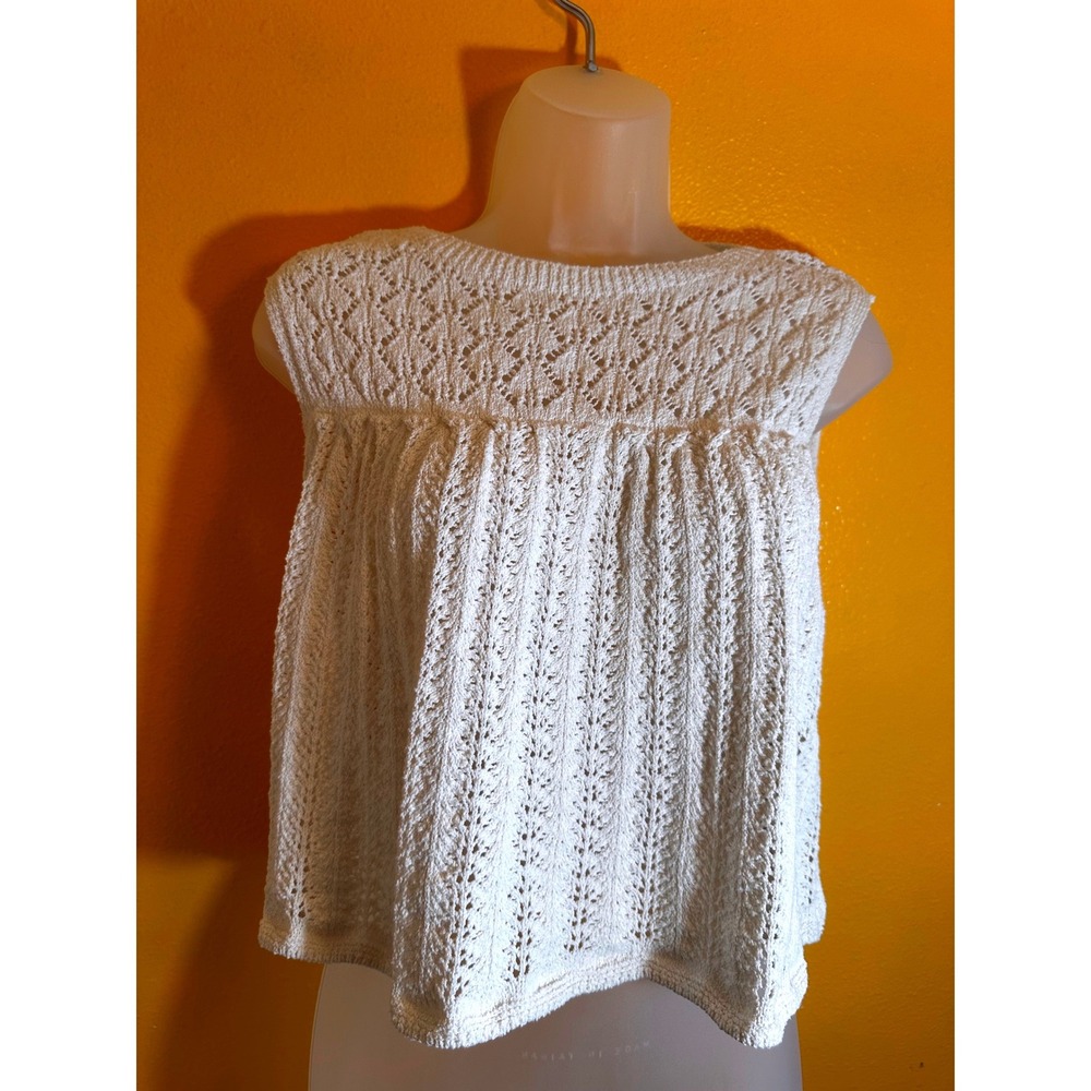 Zara Womens Cream Pointelle Knit Sleeveless Babydoll Top Keyhole Back Medium